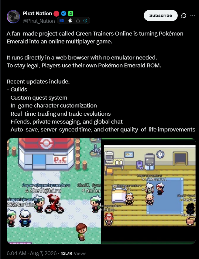 Post by @Pirat_Nation describing Green Trainers Online, a fan project turning Pokemon Emerald into an online multiplayer game that runs in a web browser, with screenshots of multiple players standing outside a Pokemon Center and inside a house.