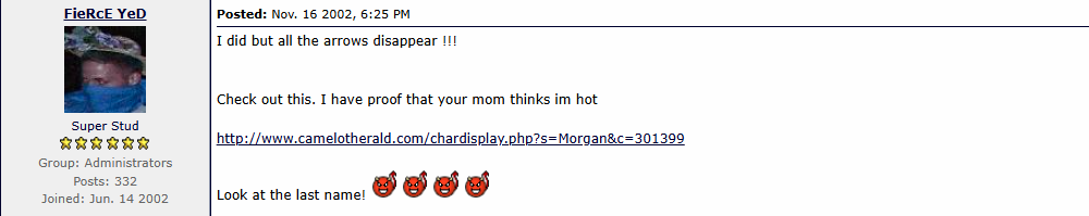 Cropped view of SPAM THREAD PART II, page 12, post 180: FieRcE YeD, November 16, 2002, 6:25 PM Central (November 17, 00:25 UTC), showing the username, forum avatar, surname joke and Camelot Herald link. Modern capture of the restored FFF forum; moderation controls excluded.