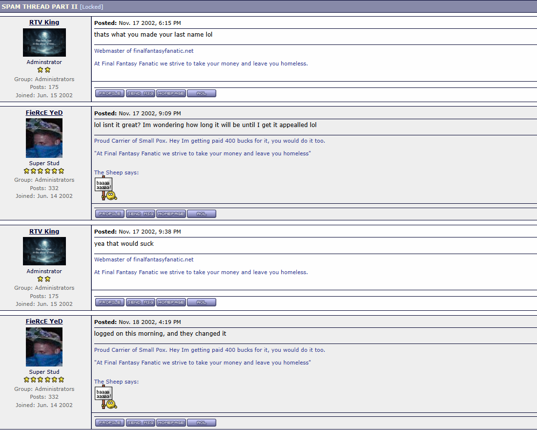 Cropped view of SPAM THREAD PART II, page 13, with usernames and forum avatars: post 181, RTV King, November 17, 2002, 6:15 PM; post 182, FieRcE YeD, November 17, 9:09 PM; post 183, RTV King, November 17, 9:38 PM; post 184, FieRcE YeD, November 18, 4:19 PM. All times Central. Modern capture of the restored FFF forum; moderation controls excluded. Original layout and post order preserved.